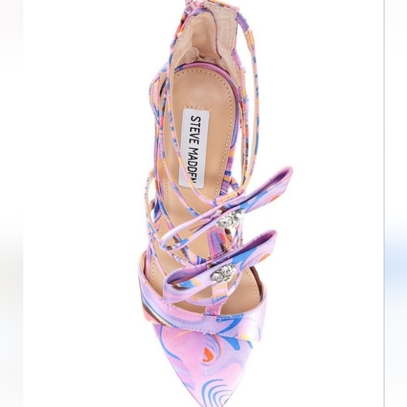 Steve Madden Retro Print Sinclair Satin Rhinestone Strappy Dress Sandals - Picture 3 of 16